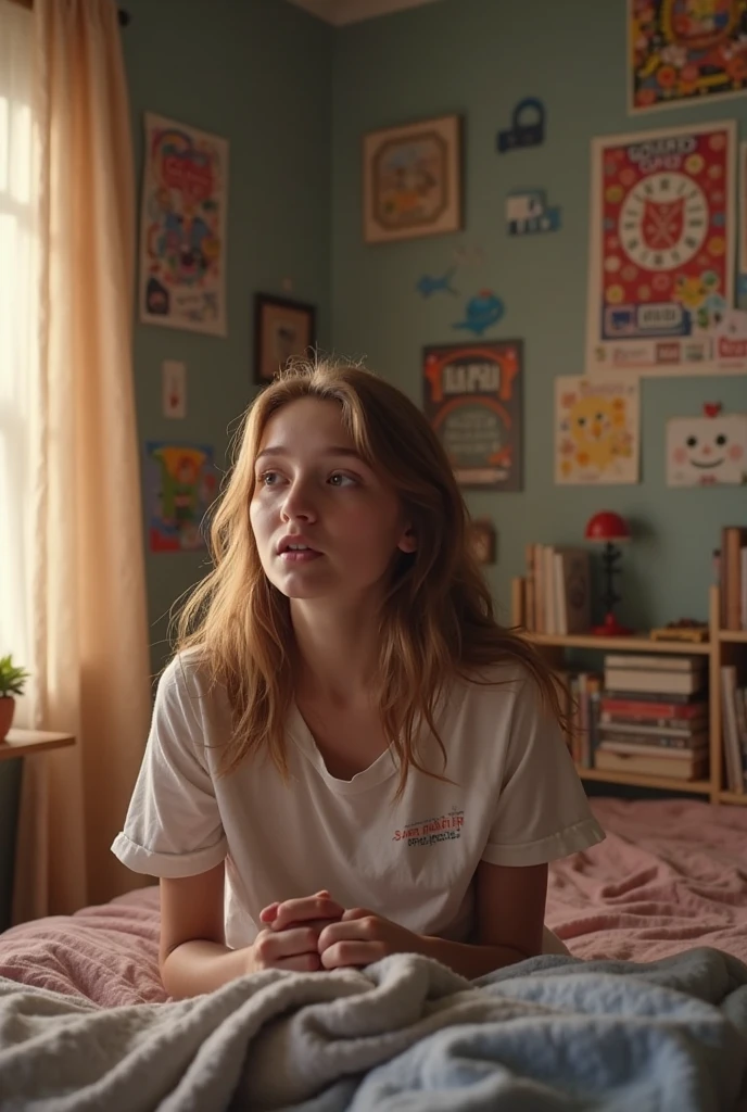 A red-haired girl, 15 years, pale white skin, green eyes, very long curly hair, round face, small upturned nose, Small ears, athletic body, Wide hips, with pajamas, in a bedroom, with children&#39;s decorations, taking a selfie, sad smile, upset, hyperrealism, Ray Tracing, NIKON, 16k, best quality, award winning, high details, super detail, textured skin, anatomically correct, masterpiece
