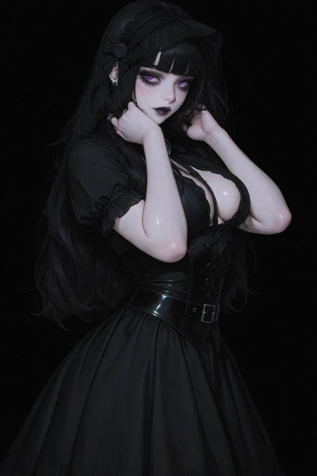 a close up of a person a black shirt and , gothic maiden  girl, artwork the style of , 1 7 - year - old  goth girl, wednesday addams, mona lisa as a goth girl,  girl  a black dress, style, with black , style,  the art style of 