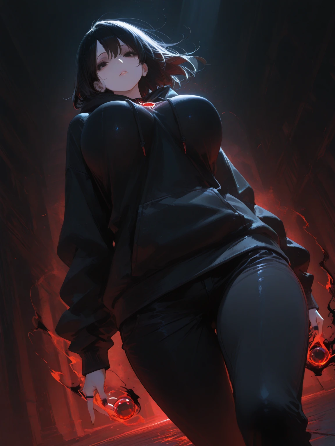 A woman in her 20s with both hands on her stomach. Black hair. She looks troubled by her stomachache.