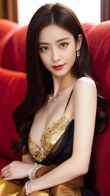 masterpiece, best quality, 1girl, aqua eyes, black hair, closed mouth, multicolored background, looking at viewer, outdoors, solo, upper body, alluring, clean, beautiful face, pure face, pale skin, sexy pose,((luxury dress, breasts slit)), long hair, ((perfect female figure)), mature female, milf, narrow waist, chinese deity, seductive, highly detailed,best quality, masterpiece, highres, original, extremely detailed 8K, wallpaper, masterpiece, best quality, illustration, beautifully detailed eyes, cinematic lighting, earrings, jewelry,