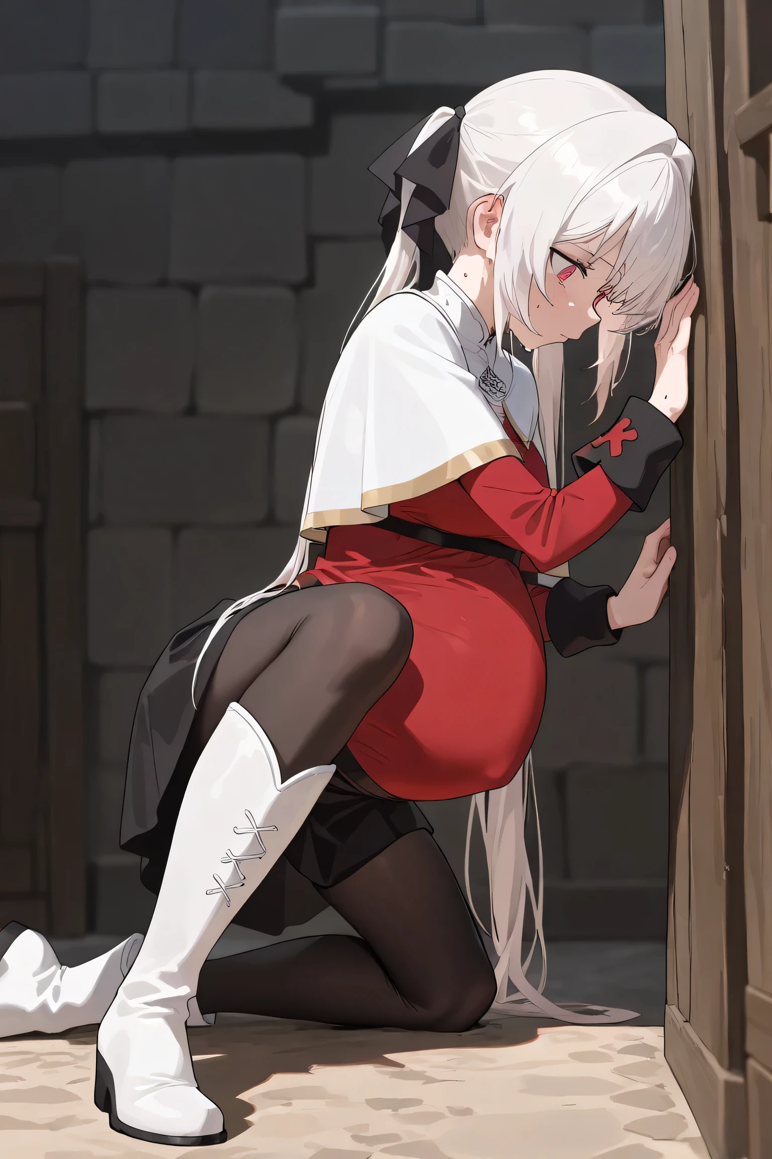 (Best quality, 4k, 8k, high resolution, masterpiece:1.2), ultra detailed, intricate details, beautiful girl, SOLO,  alone, long white hair, bangs, red colored eyes, small-medium breasts, perfect smooth skin, head tilted, (Pregnant:1.1), black ribbon hair, twin hair ribbon,  red fitted top, white capelet, short black skirt, black stockings, white boots, side view, pain, at medieval town on streets, Hand on wall, lean forward, looking down, sweating, slightly spread legs, kneeling,