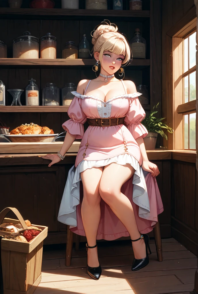 (masterpiece:1.2), (best quality), (ultra detailed), (8k, 4k, intricate),(half body:1.2),(cowboy:1.2),(highly detailed:1.2),(detailed face:1.2), (detailed background),(portrait),detailed landscape,(dynamic pose:1.2),hana 1girl, solo, breasts, looking at viewer, blush, smile, short hair, open mouth, large breasts, (mini dress:1.9), (white panties stringi:1.2)holding,cleavage, bare shoulders, green eyes, collarbone, full body, pink hair, outdoors, sky, day, cloud, bag, (red mini dress), pink dress, handbag, off-shoulder dress(((full body))) , (((sexy pose, model pose, standing pose)))((Huge hips:1.3))