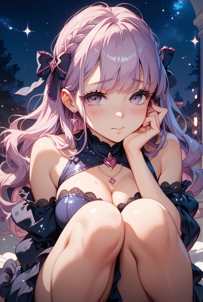 (masterpiece, Highest quality:1.3), (Very detailed:1.2), (hyperRealistic:1.3), (RAW Photos:1.2), High resolution raw color photos, Professional photos, (PhotoRealistic:1.4), (Realistic:1.4), (Pink Hair:1.5), Professional Lighting, Perfect Anatomy, (Big Breasts:1.3), (blush, Detailed face), (Bright smile:1.5), Trending Hair&Trending Hairカラーをランダムに, Earrings, necklace, bracelet, sexy, erotic sexy, ランダムでsexyなグラビアポーズ, いろいろなsexyポーズ、Randomly perform various poses、(Beautiful cosplayer in a red gothic lolita dress、Full moon and starry sky、Black rose in hand。Lace headdress on head、She is wearing red boots。: 1.3)、Succubus、devil、It has two red horns on its head.、Has two horns on its head,Big horns