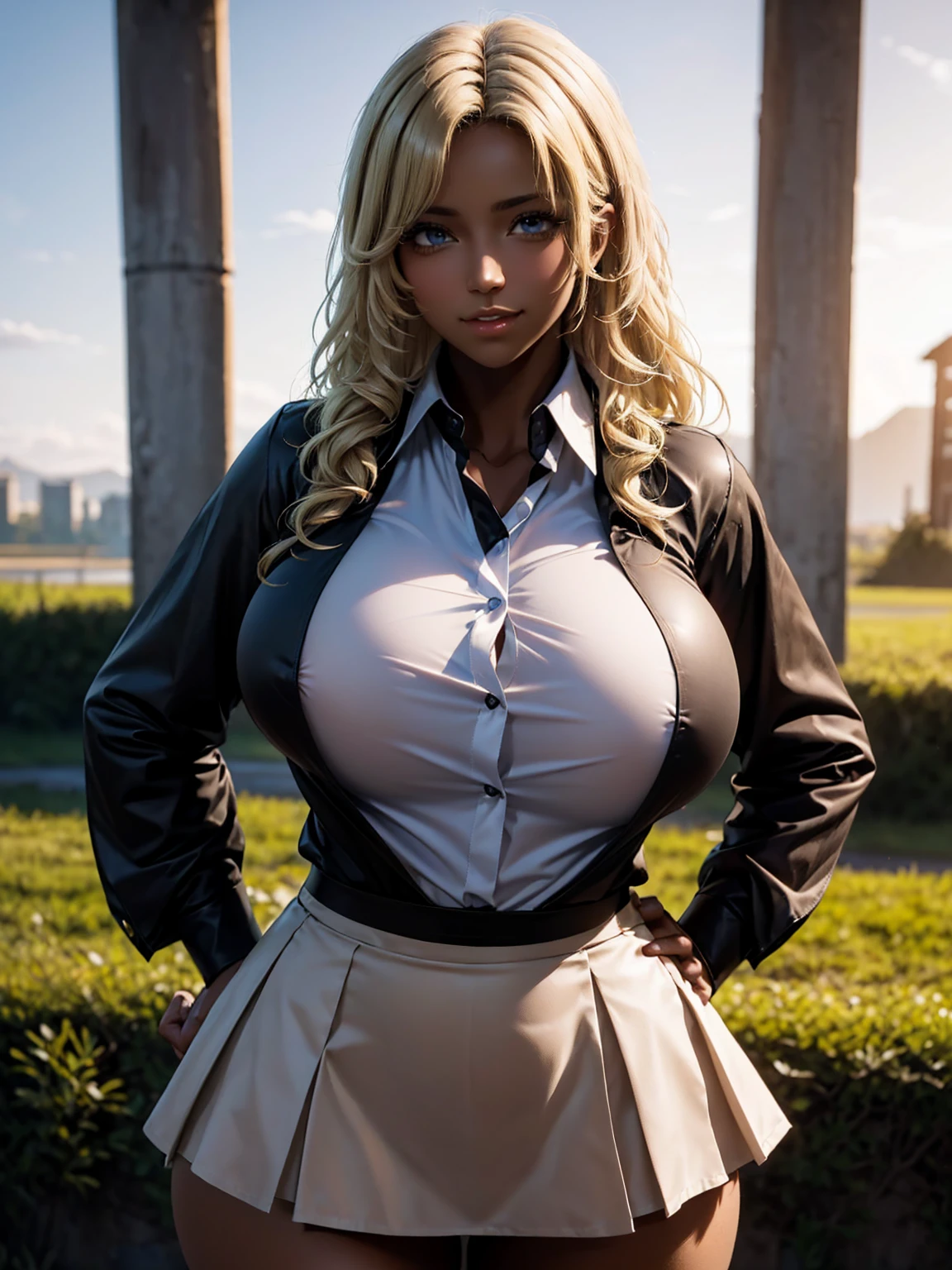 samus aran, collared shirt and pleated skirt, fluttering hair, long ponytail, long wavy hair, long curl hair, huge tit, thick thighs, huge hip, long eyelashes, eyeshadow, blush, gentle smile, upper body from below, spread legs, hands on hip, river in meadow
