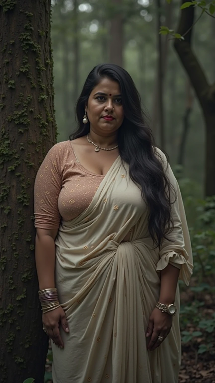 Nsfw, walking in a moonlit courtyard, forest background, mythical forest, huge trees, exotic girl, indian, vivacious, looking at the viewer, shining skin, perfect lighting, the embodiment of grace and elegance, provocative pose, smiling seductively, (translucent saree and jewelry), (Big breasts, curvy ass, clear curvy details, beautiful curves), detailed eyes, detailed pupil, long shining hair, volumetric lighting, Ultra Detailed, unity 8k wallpaper, ultra detailed, aesthetic, masterpiece, best quality, photorealistic,nsfw,(hourglass figure),(top less,big breasts, saggy breast, gap in the breast),(fatty breasts:1.3), 38dd,complete nude, huge breast:1.3,kerala