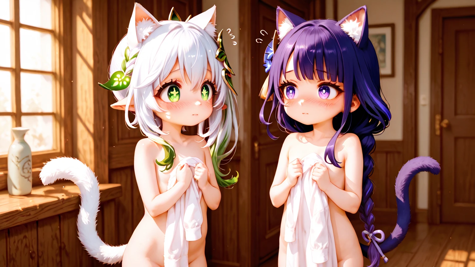 a cute nude cat girl with your little daughter, wearing lipstick, with oversized breasts, smiling, digital art, hyperrealistic, 8k, photorealistic, highly detailed, intricate details, cinematic lighting, vibrant colors, warm color palette, masterpiece, wet, in the bathroom, black hair, girl masturbation, dildo