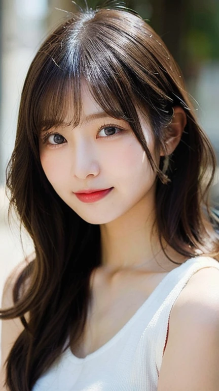 ((big laugh)), high-level image quality、20 year old Korean girl photo, raw, cute face, (Extra-long wavy hair), ((Portrait)), ((Detailed face:1.2)), ((A detailed face Characterized by fine skin), pale skin, , (cold color), moist, moist, reflector stay piece) (perfectly proportions)(photos realistic)(Best Quality) photographed in a Canon EOS R5, 50mm Lens,(8K), very long upper eyelashes、Very long lower eyelashes、Detailed lashes、Curled eyelashes、eyelash perm、Beautiful lashes、Natural eyes、very beautiful eyelashes