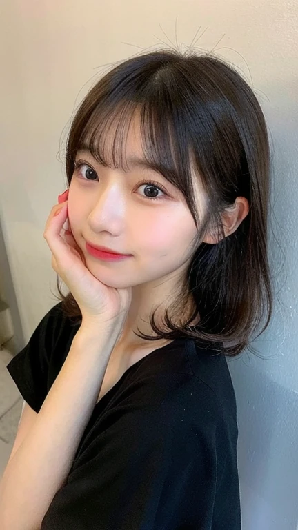 (​Masterpiece:1.3), (8K, Realism, original photography, Top image quality: 1.4), Japanese high school girl、upper body portrait、(Random hairstyle:1.2)、cleavage:1.2、Super detailed face、Eye for details、double eyelids、chest together、sharp focus:1.2、pretty Woman:1.4、light brown hair、top quality、​Masterpiece、ultra high resolution、(Realism:1.4)、Highly detailed and professional lighting smile、Loose and lightweight knitwear、shoulders outward、thin and long、short hair、fatal position