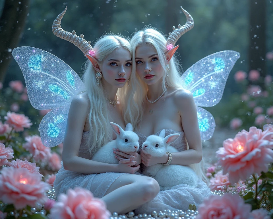 (two subjects)(complex details)(a very high quality,4k,8k,highres,masterpiece:1.2), ultra-detailed, realistic, photorealistic:1.37, HDR, UHD, studio lighting, extreme detail description, professional, vivid colors, bokeh, portraits, landscape, fantasy, sexy, Malaysian, damsel, hijab, sheer, open, translucent dress, big breasts, cute face, unshaved pubic area, pets, kisses, fantasy unicorn, elven glade, moonlight