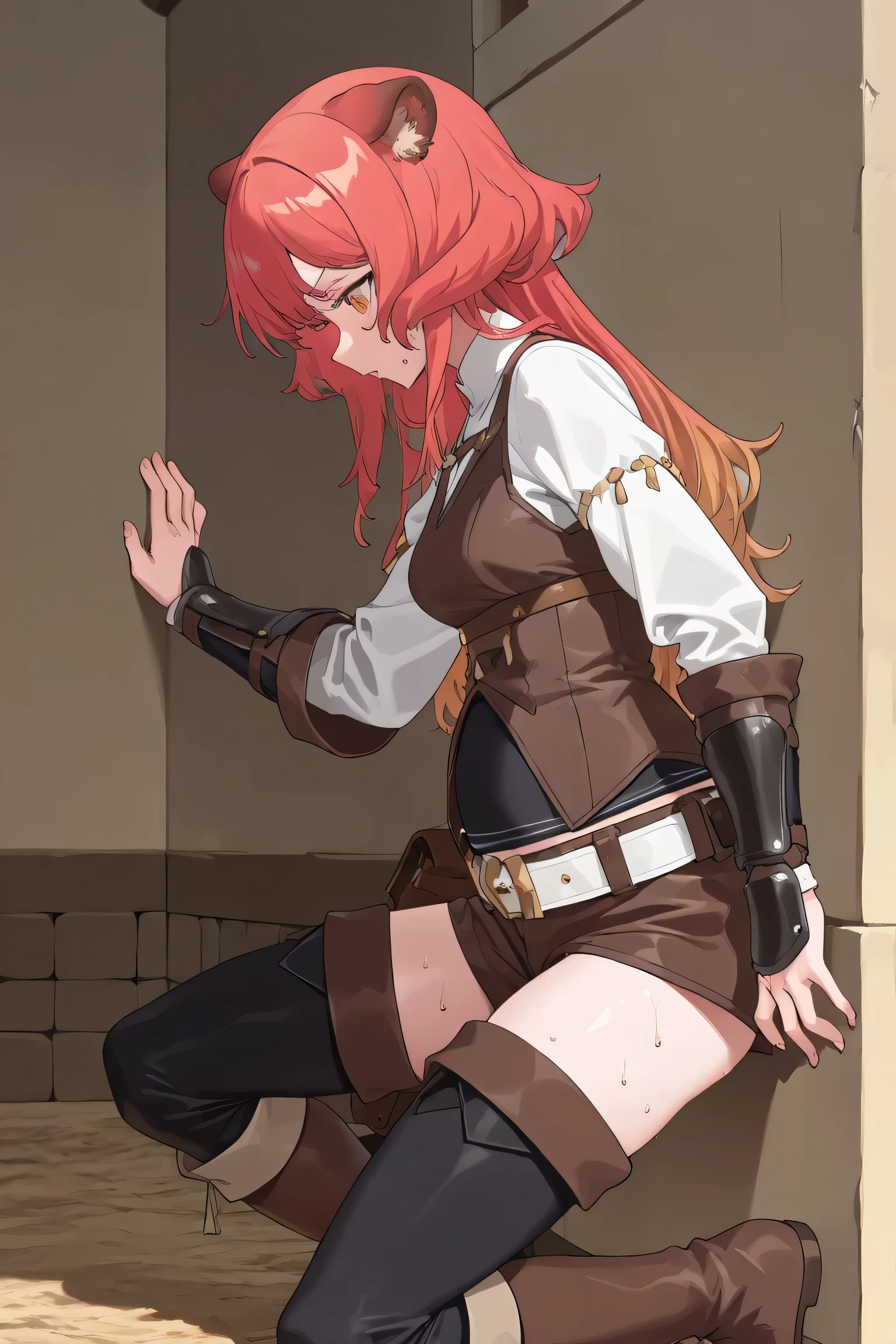 score_9, score_8_up, score_7_up, score_6_up, score_5_up, score_4_up, source_anime, 1woman, she sit on table,sexy smile, red hair, braids, close eyes, w-w-chain, shackles, put on wrist, hands, show woman in shackles, bracelets with chains, long hair, green shirt, shorts, thigh boots, black boots, night, key dungeon, best quality, best res, 4K UHD,