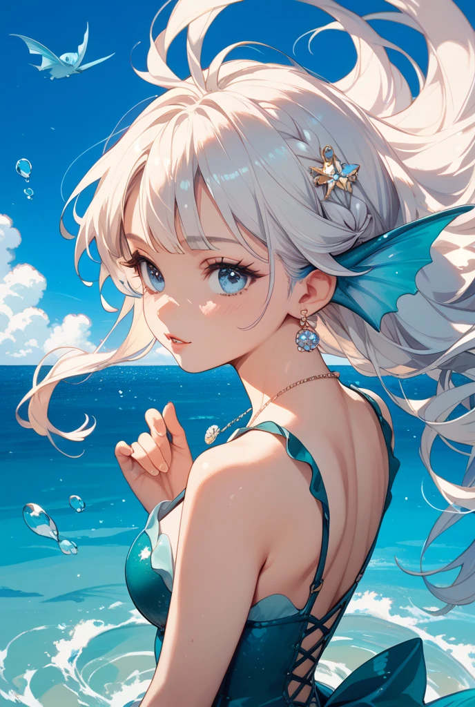 (realistic:1.37),3D rendering,mermaid,white hair,pierced by arrows,detailed face,detailed fish tail,detailed ocean background,vivid colors,lighting effects