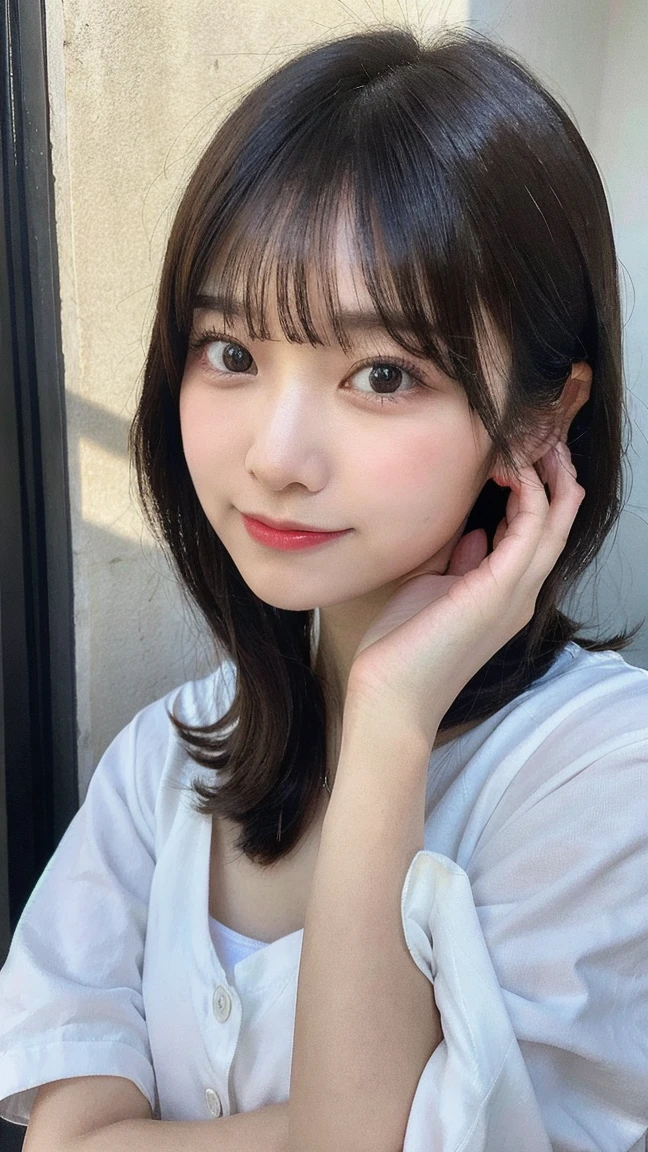 masterpiece, highest quality, highest quality, Ultra-high resolution, Ultra-high resolution, RAW Photos, Very detailed, Beautiful eyes in every detail,One Woman,21-year-old female, Anatomically correct, Textured skin, Realistic, photoRealistic, Award-winning photography, Written boundary depth, Cinema Lighting, Natural light, Brown Hair, Thick bangs, curly, Shiny Hair, A smile showing white teeth, T-Shirts, Jacket, restaurant,pasta,eat