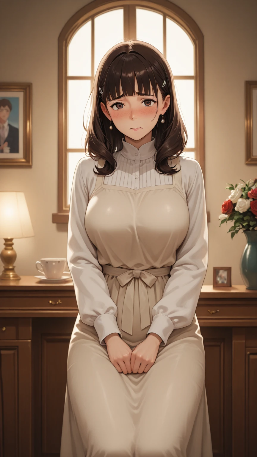 (((White short sleeve elegant blouse、Red long skirt))),(((Apartment room、Sitting in a chair、Anxious expression、Tea on the table:1.3)))Mid-length bob cut hair:1.9. Big breasts:1.6、(((1 Female:1.3))), (((Brown Hair:1.3. Wavy Hair:1.3. Bob Cut Hair:1.9 Round Eyes Beauty:1.3. Shapely breasts, brown eyes, side-swept bangs, red cheeks:1.3. Sweat:1.3)))、(((Top quality masterpiece high resolution perfect human body:1.3))),(((cute:1.3)))