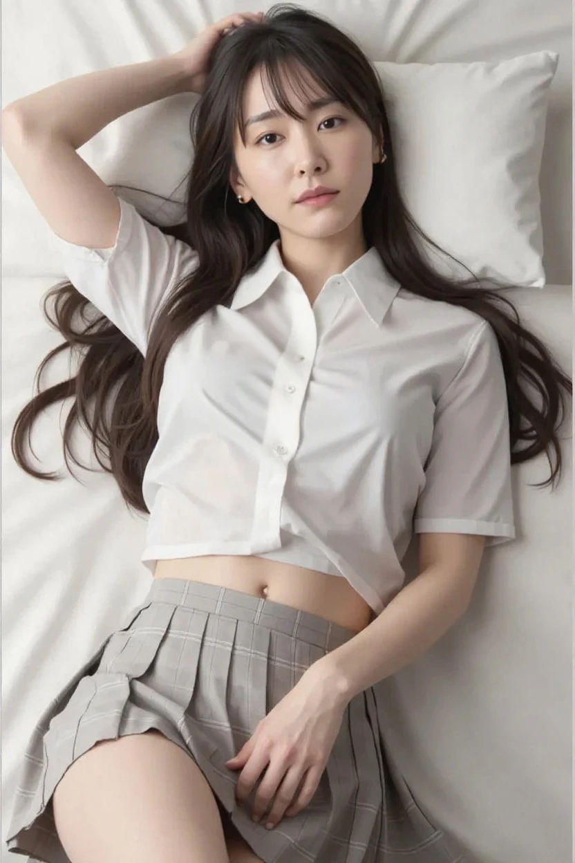 Young sensual Japanese woman、K-POPアイドルみたい、(Half-open eyes、Open your mouth wide、Climax expression)、on the white sheets、Sleep on your back、(High School Uniform)、Flexible body、Delicate white skin、Long, slender legs、(Sweaty body)、alone、(Beautiful and accurate depiction of fingers)、(The lower half of the body is not reflected, but、Part of her spread legs are visible)