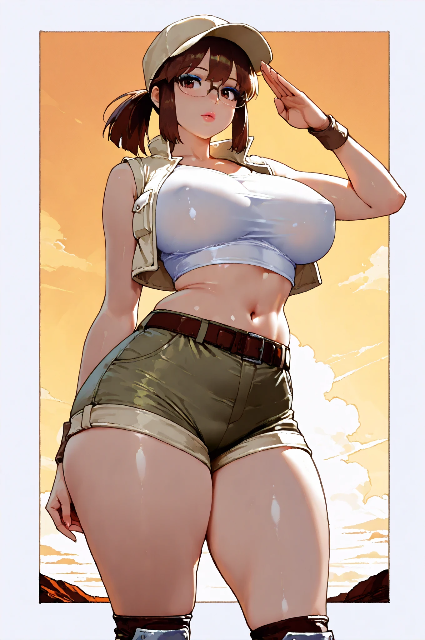 masterpiece, best_quality, 1girl, solo, fio germi, round eyewear, hat, shorts, crop top, cropped jacket, (large breast:1.2), wet shirt <lora:fioGermiMetalSlug_fioGermiV1:1>