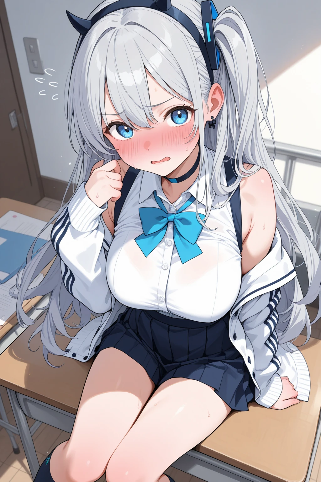 (8K, Highest quality, Masterpiece:1.3)), Ultra high quality, (1 girl, 1 person), (Color changing eyes, Ultra detailed, Expressive glow, Sparkling eyes), Very detailed eyes, Very detailed face, Random hair, (Silver gray color), Exposed, On all fours, Female teacher, Angle from below, (Cute panties:1.3), (Ecstatic expression:1.2), White skin, Seductive, Cleavage, Dripping pussy juice down thighs, Classroom after school