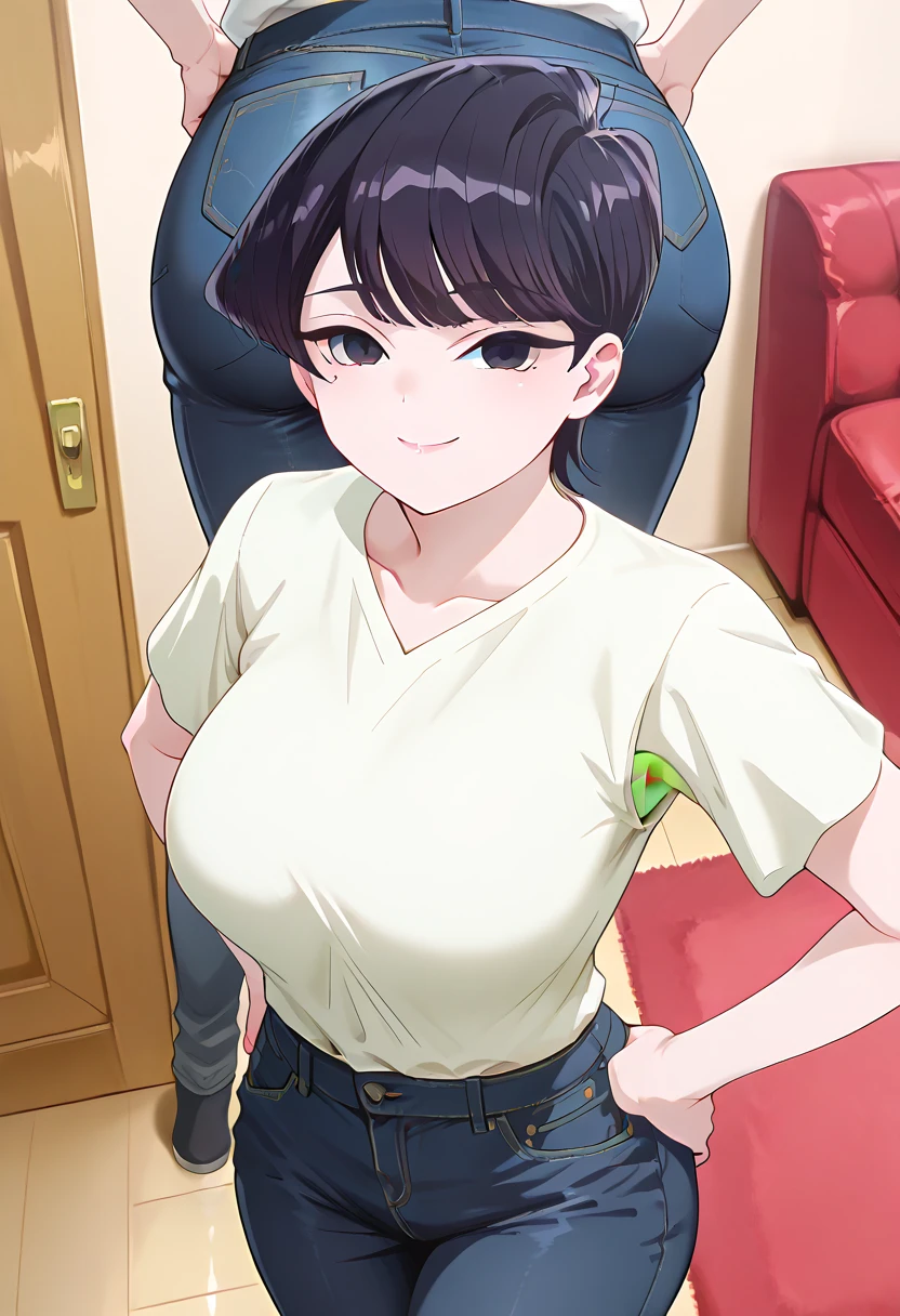 komi shuuko, simple background, dark purple eyes, short wavy hair, dark purple hair, smiling, seductive, closed mouth, looking at viewer, pov (from below) cleavage, in bed, on all fours, mature woman, curves, 1 girl, alone, thick thighs, alone, apron, white background, thighs, big breasts, medium waist, wide hips, white shirt, tight blue jeans, good hands, good anatomy
