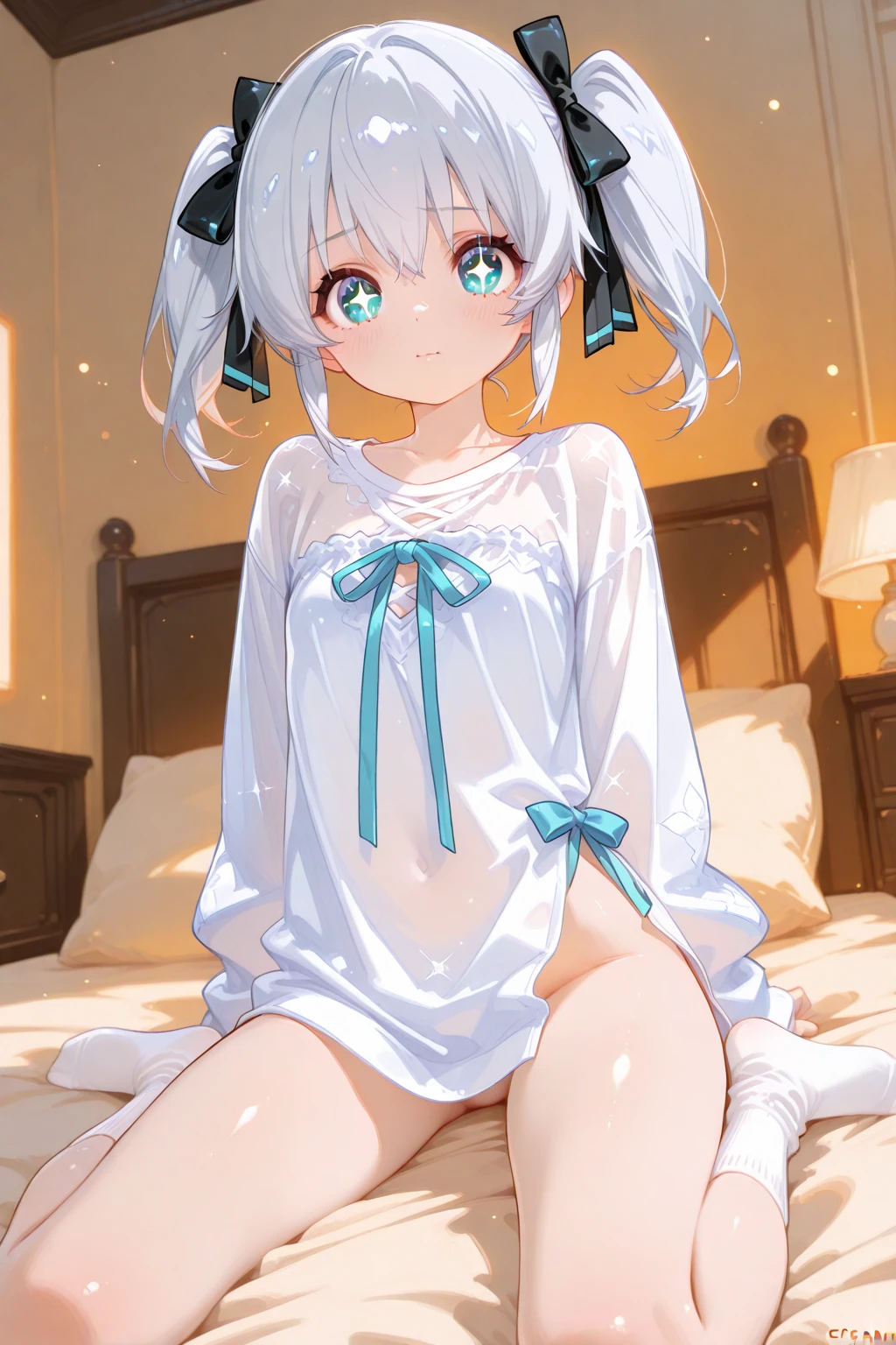 Highest quality、Girl on all fours、Short Hair、From the back((negligee))、Stick your butt out、Bare chest、Small breasts、White pants with ribbon、Gray Hair、Downcast eyes、Embarrassed face、Bare legs、(Restraints)、(signs of incontinence)、I was exhausted.、Dripping love juice、On the bed