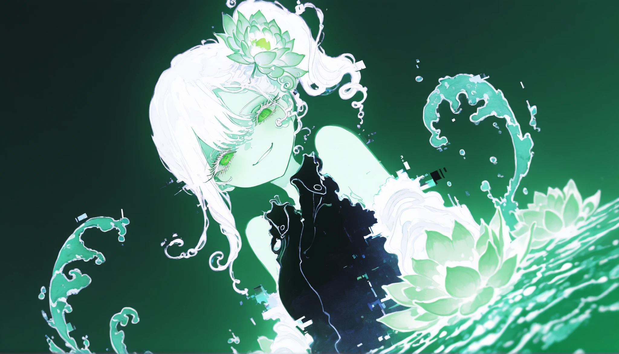 Side view, Wriggling body, Smirking, Masterpiece, Top quality, Amazing quality, Absurd, Super detailed, Very beautiful, Latest, 1 girl, Green eyes, White hair, Side ponytail, Medium bust, Expressionless, Flower in hair, Lotus flower, Collared dress, Black dress, Sleeveless, White sleeves, Long sleeves, Bare shoulders, Looking at viewer, Upper body, (Dynamic angle, Dutch angle, (((Dynamic pose))), (Swirling water), (Purple theme, Pastel green theme), Digital art, Surreal, Dynamic composition, Glowing, Glitch, Traditional media, Charming, Artistic, Digital painting style, Fantasy illustration, Dreamy atmosphere, Glow, Soft lighting, Emotional gaze, Blushing cheeks, Delicate skin texture, Glossy eyes, Fine eyelashes, Cute expression, Long eyelashes,