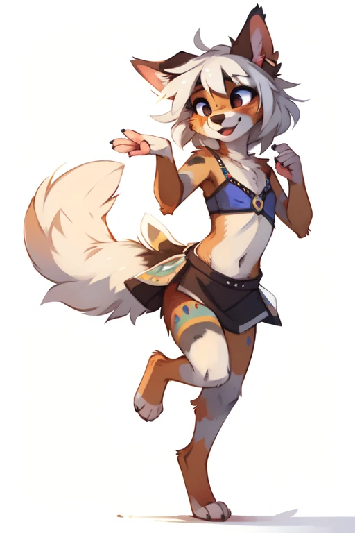 (((No background, white background))), High quality, 8K, by kenket, by swaybat, by reysi, by Zackary911, by hyattlen, by teranen, by fumiko, by Pixelsketcher, by Bayard Wu, by Einshelm, by Kilinah, by Hioshiru, by fluff-kevlar, by Dimwitdog, Furry, Anthro, solo, ((australian shepard)), ((female)), ((young)), fluffy tail, ((slender)), ((short white hair)), chest fluff, short, small breasts, aztec costume, body paint, feathers, piercings, cloth bra, dancing, dynamic pose, fluffy butt