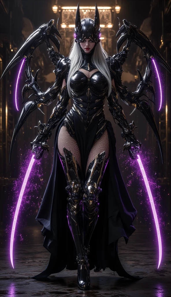 (((Full Body Shot)))、(((Full Body Shot)))、(((Full Body Shot)))、Highest quality、masterpiece、High resolution、(Photorealistic:1.4)、RAW Photos、Battle Cyborg Angel、Big metal wings、White porcelain body、Acrylic clear cover、Gray Hair、Glowing Skin、1 Cyborg Girl、beautiful girl、 ((Ultra-Realistic Details))、Global Illumination、Shadow、Octane Rendering、8K、Ultra Sharp、Character edge light,Big Breasts、Raw skin exposed by cleavage、Intricate decorative details、Gothic details、Hydraulic cylinder、 ((Small LED Lamp))、Very intricate detail、Realistic Light、Purple eyes、Shining Eyes、(Neon Details)、Futuristic headgear、About Cyberpunk.
