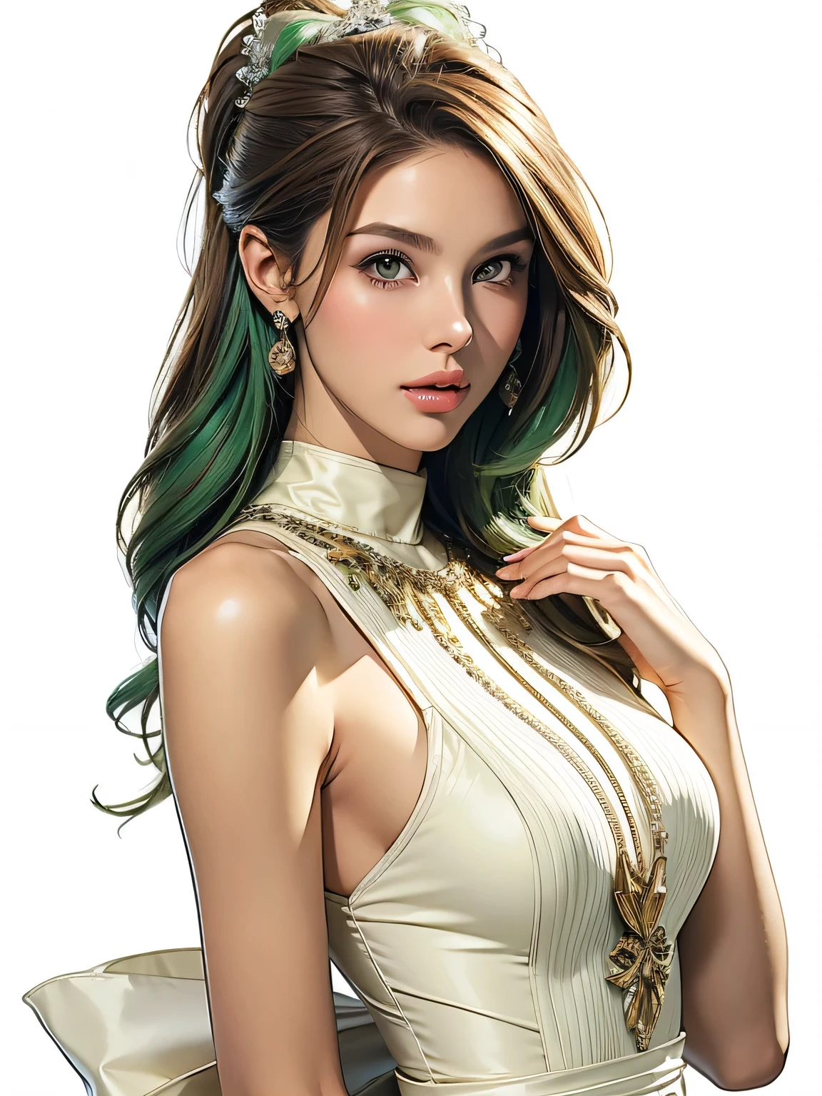 top quality, masterpiece, super high resolution,
shining green hair 1 woman, Type, Slim, tall, beautiful,brown hair,brown eyes,
white neck knit dress with side slits, More about the bow, Fitted Silhouette, petite length, Soft cloth texture, cream white,
thin legs, shiny skin on left chest, Classy look ,
Studio Shot, in soft writing, white background,
fashion magazine style, professional shooting, Portrait Photo,
Elegant Atmosphere, sophisticated expression, Graceful Pose,
Department Stores, show window, luxury boutique