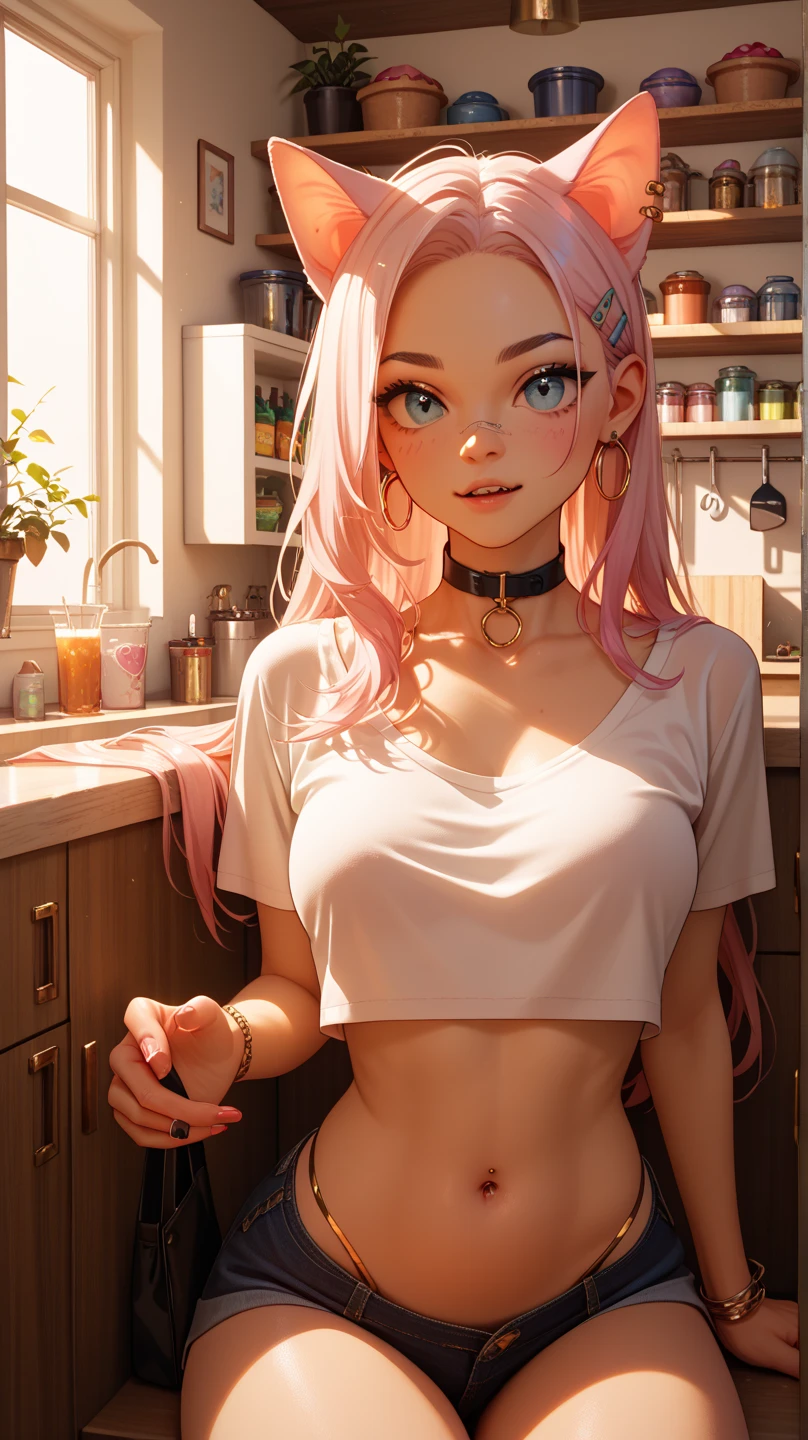 Belle Delphine, masterpiece quality, (masterpiece quality:1.3), realistic, (realistic:1.5), 1girl, (1girl:1.9), solo, (solo:1.9), in a fancy kitchen, lots of food in background, long hair, pink hair, (pink hair:1.5), wearing white t-shirt, (white t-shirt:1.5), midriff, (midriff:1.5), wearing black panties, (black panties:1.5), wearing choker collar, wearing fishnet stockings, (fishnet stockings:1.5), thin body, small breasts, (small breasts:1.5), smiling, (smiling:1.5),