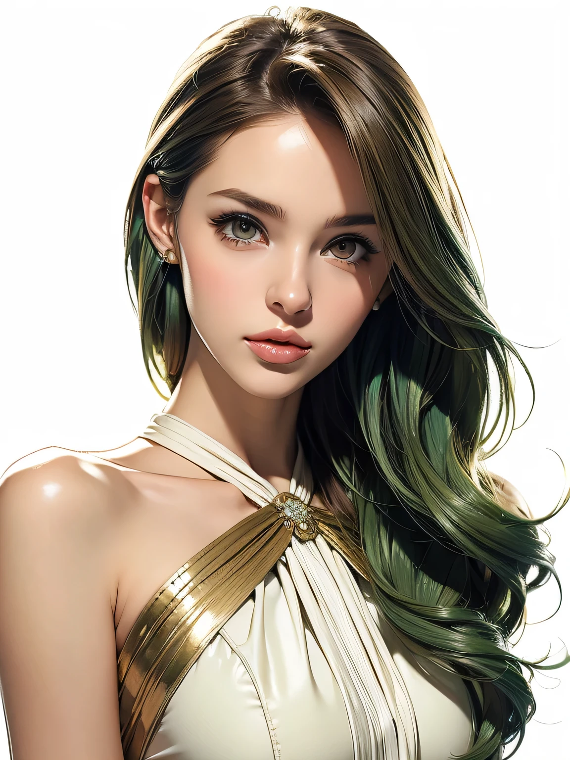 top quality, masterpiece, super high resolution,
shining green hair 1 woman, Type, Slim, tall, beautiful,brown hair,brown eyes,
white neck knit dress with side slits, More about the bow, Fitted Silhouette, petite length, Soft cloth texture, cream white,
thin legs, shiny skin on left chest, Classy look ,
Studio Shot, in soft writing, white background,
fashion magazine style, professional shooting, Portrait Photo,
Elegant Atmosphere, sophisticated expression, Graceful Pose,
Department Stores, show window, luxury boutique