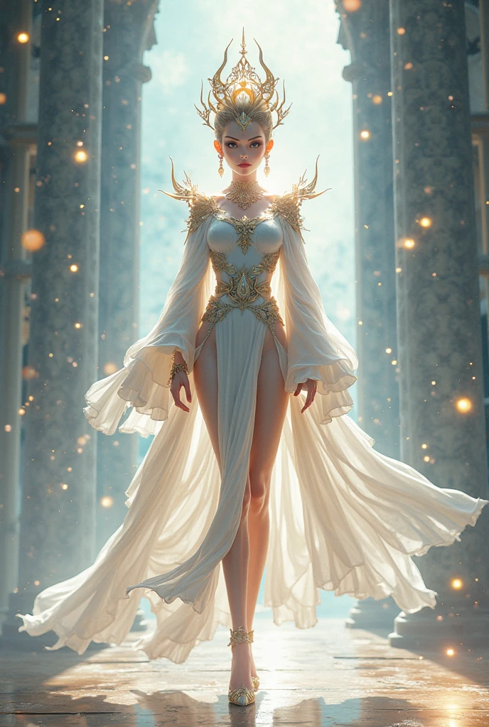 A woman in a silver and gold dress standing on a balcony, bela arte digital, deusa bonita, ethereal beauty, pose elegante e deslumbrante, bela arte de fantasia, vestido sexy, karol bak uhd, Flowing dress, vestido de fantasia, mulher da fantasia, cgssociedade, impressionante;, usando um Vestido elegante, Vestido elegante, fantasia vestido longo intrincado, uma bela imperatriz fantasia, stunning digital illustration