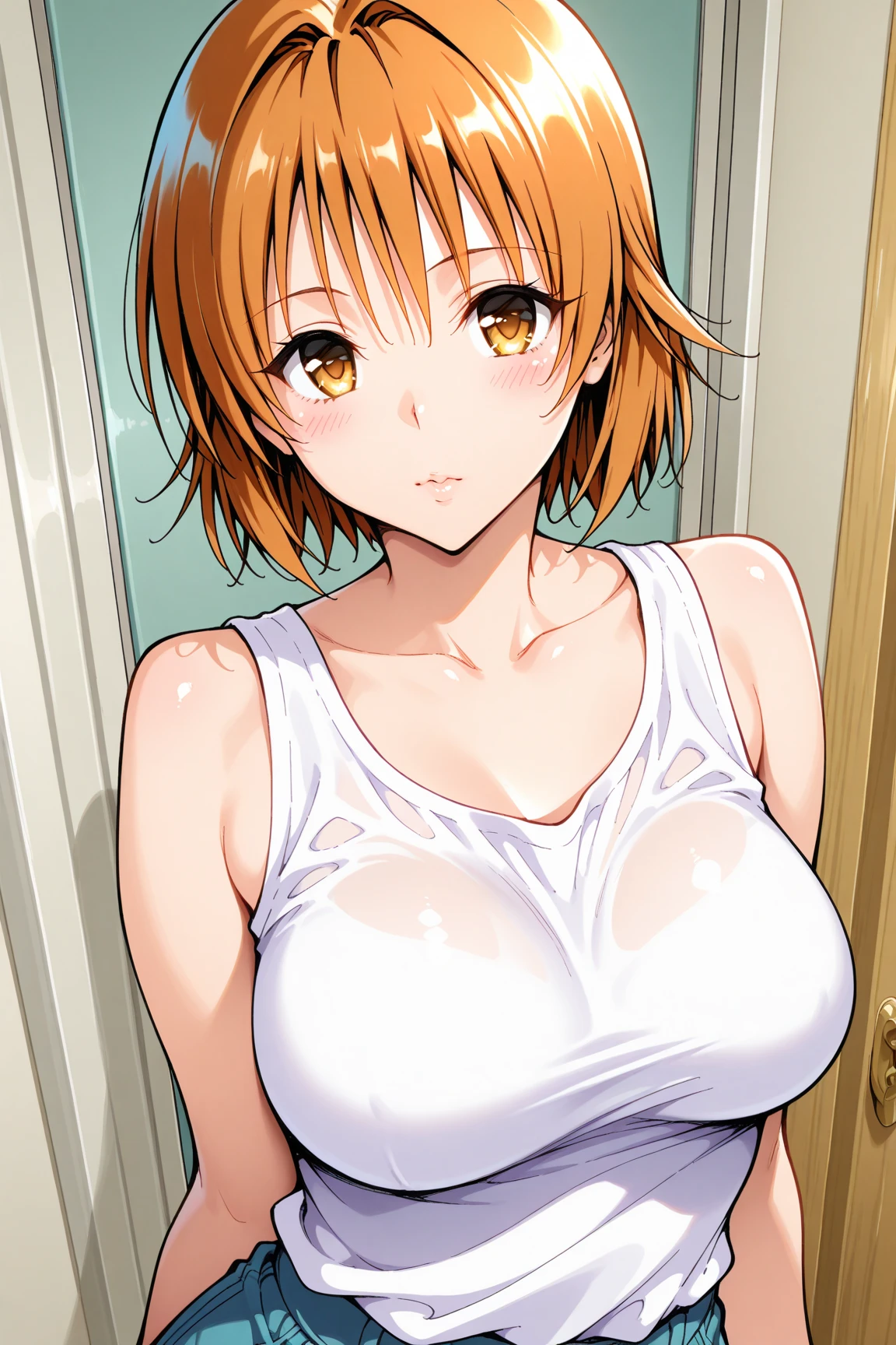 masterpiece, High resolution, alone, 8k, detailed, Perfect Face, highest quality, (super high quality), (Looking at the audience), (Underarm), clavicle, Bare arms, Exposing shoulders, big breasts, Perfect nipples,Cleavage, Orange Hair, short hair, Brown eyes, Gradient eyes, stomach, Stomach, belly button,, Sarasi Chest, Bandaged Chest, (White color too), The body is slim,blush, Mouth closed, （I&#39;m in the forest）, Raise your hand