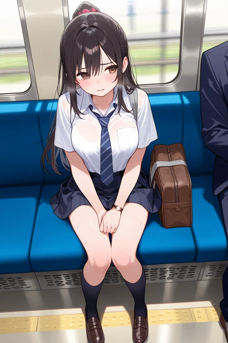 ((((pieces fly, highest quality, highest quality, 1 girl, alone, beautiful anime、detailed images))))、(((17 years old、thin、thin太もも、normal chest、dark brown hair、straight、long hair、brown eyes、round eyes、Clear type、))),((((in a crowded train、Blue Sheet、seats parallel to the window)))、((white shirt、navy blue skirt、school clothes、take off pink panties、lift up the skirt、nipple))、、(((Sit in the seat、climax、embarrassing、naughty smile、masturbate、Love juice overflows)))、NSFW、image from the knees up、