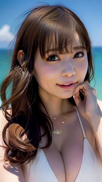 Highest quality、young beautiful japanese woman,, Light shiny brown messy medium length hair, Wearing a swimsuit, Perfect dynamic composition, Beautiful Eyes, Fine hair, Detailed and realistic skin texture, Gentle expression, smile, Model Body Type