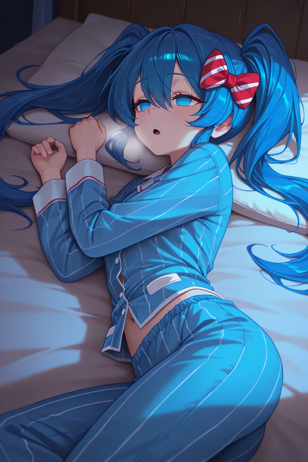 claire, furry catgirl, (((masterpiece))), (detailed), high-resolution, cel shading, (beautiful portrait), side view, sleeping, laying on bed, (head on pillow with left arm under pillow:1.2), sexy butt long messy hair (blue), Black tank top, pink lounge shorts, :3, eyes closed, cat nose (black), 1 pair of cat ears, white fur (whole body), detailed fur (best quality), depth of field, cozy