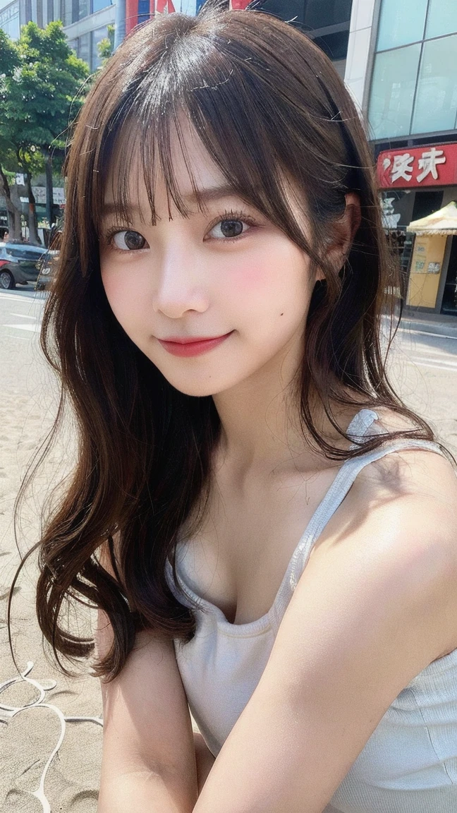 Highest quality, masterpiece, Ultra-high resolution, (Genuineistic:1.4), (Close-up portrait) RAW Photos, 1 Girl, 22 years old,Slender body,D Cup,((Long pink hair with straight bangs)),((Looking up at the audience)), Genuineistic pictures, ((Small breasts)),((Smiling with teeth showing)),Cleavage,(((naked))), Skytree in the background, Night view、whole body,Genuine,8K,