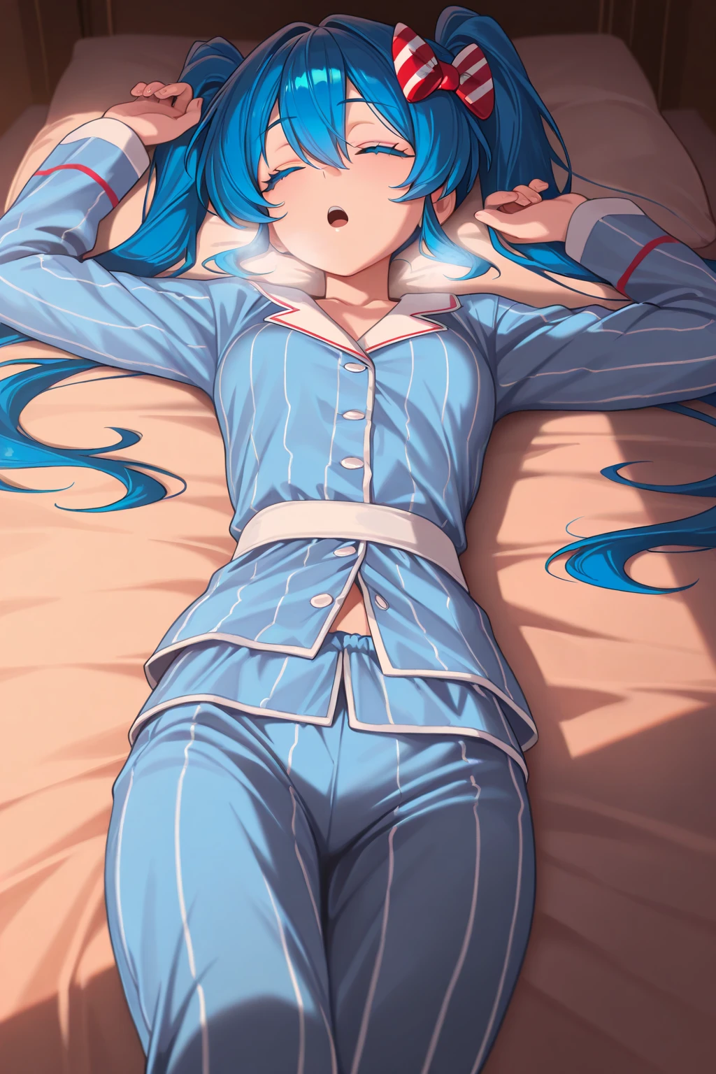 Small girl, loli, lying in bed, 12 years old, sexy girl, leg open, leg raised, shoulders bare, bare breasts, hand on chest, whole body, perfect body, medium chest, thin legs, thin waist, wide hips, big ass, half loose pajamas, transparent pajamas, short pajamas, transparent pajamas, blue hair.