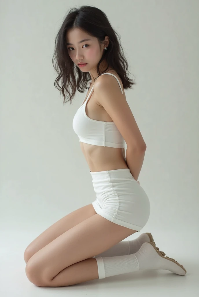 A girl，short hair，Wearing white underwear，Squatting，Street in the afternoon，Sweat，Wet，Water Drops