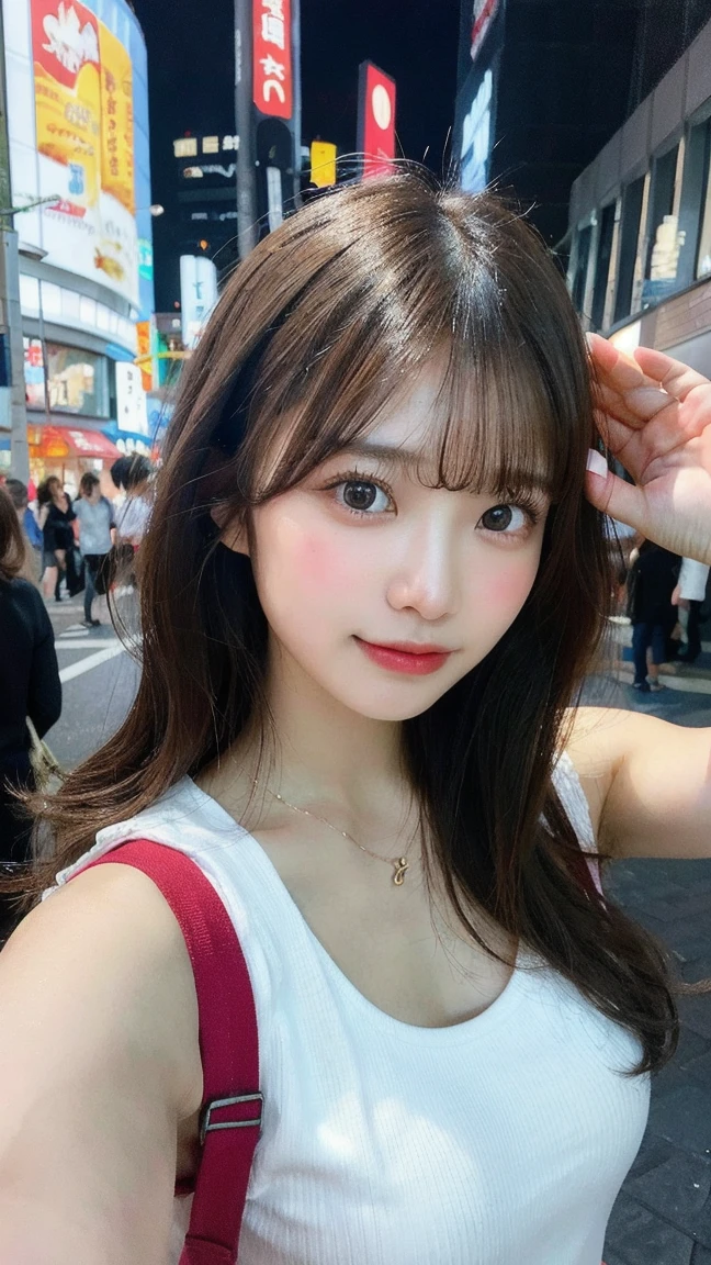 (masterpiece:1.2,Highest quality),Blur the background,1 female college student,((Cute casual clothes)),((Sculpture Pose)),((Beautiful Eyes)),Blushed,Healthy Skin,(smile),(Date in Shinjuku),8K resolution