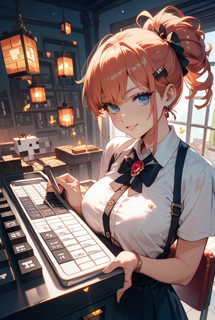 white girl with medium curly hair wearing gaming headset. she is playing on her gaming PC. her room is cozy with lots of books and plants. She is wearing corset clothes. She has a happy facial expression. your ears are pierced with beautiful earrings. put up a sign that says clersims. She's beautiful and elegant. add clersims name in your room.