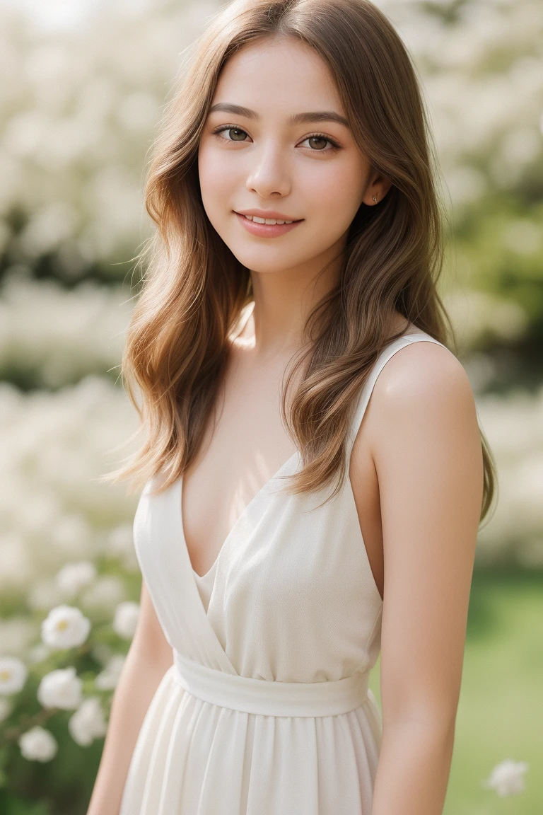 1girl,(RAW photo, best quality), (realistic, photo-realistic:1.4), masterpiece, an extremely delicate and beautiful, extremely detailed, 2k wallpaper, Amazing, finely detail, extremely detailed CG unity 8k wallpaper, ultra-detailed, highres, soft light, beautiful detailed girl, extremely detailed eyes and face, beautiful detailed nose, beautiful detailed eyes,cinematic lighting,perfect anatomy,
wearing a white peplum dress,white skirt,(bokeh:1.2)
at a flower park,sakura flowers,flower garden,
smile