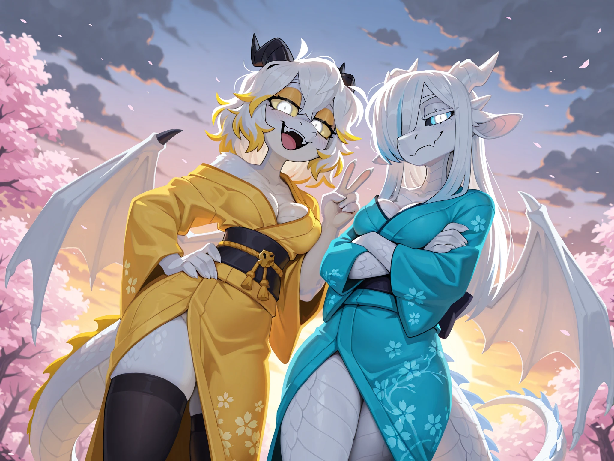 masterpiece, best quality, amazing quality, very aesthetic, high resolution, ultra-detailed, absurdres, newest, scenery BREAK 1girl, dragon, furry female, white eyes, blue sclera, white hair (blue highlights), straight hair, long hair, closed mouth, smirk, tail, medium breasts, thighs, hips, blue kimono, black stockings, female focus, contrast lighting, side lighting, masterpiece, best quality, newest, absurdres, highres, amazing quality, very aesthetic, cute eyes, no lineart, cinematic, dynamic angle, sunset, ambient lighting, blue eye shadow, half-closed eyes, seductive expression, hair over eye, head tilt, crossed arms, cherry blossom forest at the background, cloudy sky, outdoors, forest setting, black horns, white dragon wings, white scales, white body, BREAK 1girl, dragon, furry female, white eyes, yellow sclera, white hair (yellow highlights), messy hair, medium hair, smile, showing fangs, tail, small breasts, thighs, hips, yellow kimono, single off shoulder, black stockings, half-open mouth, yellow eye shadow, excited expression, hand on hip, white dragon wings, white horns, (v sign), BREAK (duo), 2girls, breast squish, size difference, vanripper
