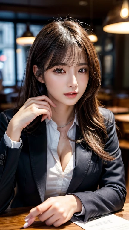 table top, highest quality, realistic, Super detailed, finely, High resolution, 8k wallpaper, 1 beautiful woman,, light brown messy hair, wearing a business suit, sharp focus, perfect dynamic composition, beautiful and detailed eyes, thin hair, Detailed realistic skin texture, smile, close-up portrait, model body shape、cleavage