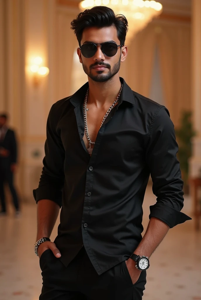1 Man Gothic style black hair style ponytail thick eyebrow and goatee wears sunglasses yellow demon eyes