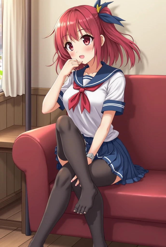 room, 1 girl, Highest quality, Ultra-high resolution, Long Hair, Redhead, Green Eyes,Sailor suit、mini skirt, Looking at the audience, Small breasts,Thighs、 Sitting on the couch, , smile, Open your mouth,(((Spread your legs wide)))、Panty shot、Cute white panties