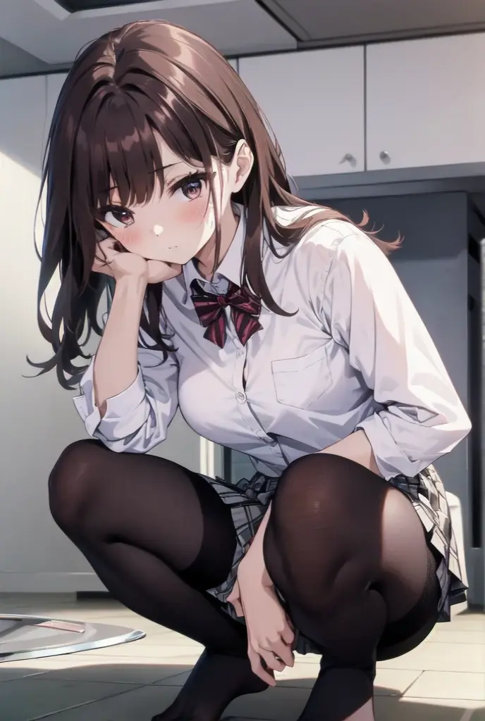 finest, masterpiece, High resolution, (Full body view from head to toe), front, frontやや下からの構図, Symmetrical, 18 year old tall girl, alone, (whole body from head to toe), (small breasts), Unkempt brown hair, bangs, (black tights), (black pantyhose), (sitting with legs spread apart), (squating pose), (composition showing white panties), (Her legs are spread open and her white panties are visible.), (made to sit on the floor with legs spread), (M-shaped legs), Slender legs, A very beautiful and tall 18 year old girl, (not wearing shoes), blush, shy big eyes, looking at camera, Blazer Uniform, Plaid pleated skirt