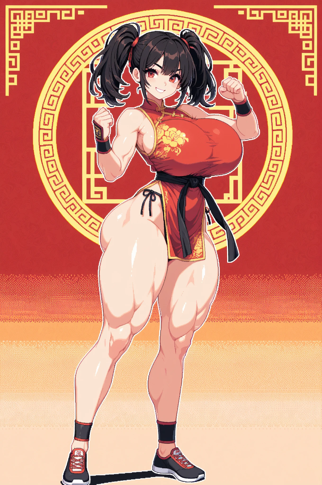 shampoo, Ranma 1/2, , bun head、Purple wide fur, double tail、Chinese traditional red dress. blank background. Fitness, muscular, shredded abs, thick thighs, thick calves, sexy legs, thicc thighs, large hips, thin waist, small breasts, high heels, sneakers, underboobs, full body, thick legs, long legs. extra long legs, sweaty, sweating, sweat, high detailed, teasing, gesugao, evil smile, sadistic, extremely sexy, full body shot, standing up on both feet, toned body, perfect body, beautiful, skimpy, gesugao, red glowing eyes, dark shadows, fishnet, beautiful, greyscale, black and white