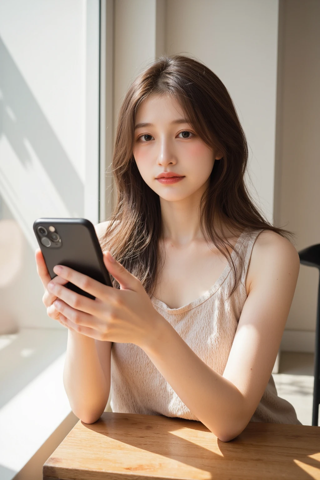Generate a white Korean girl in pretty dress sitting inside a cafe watching movie on her phone