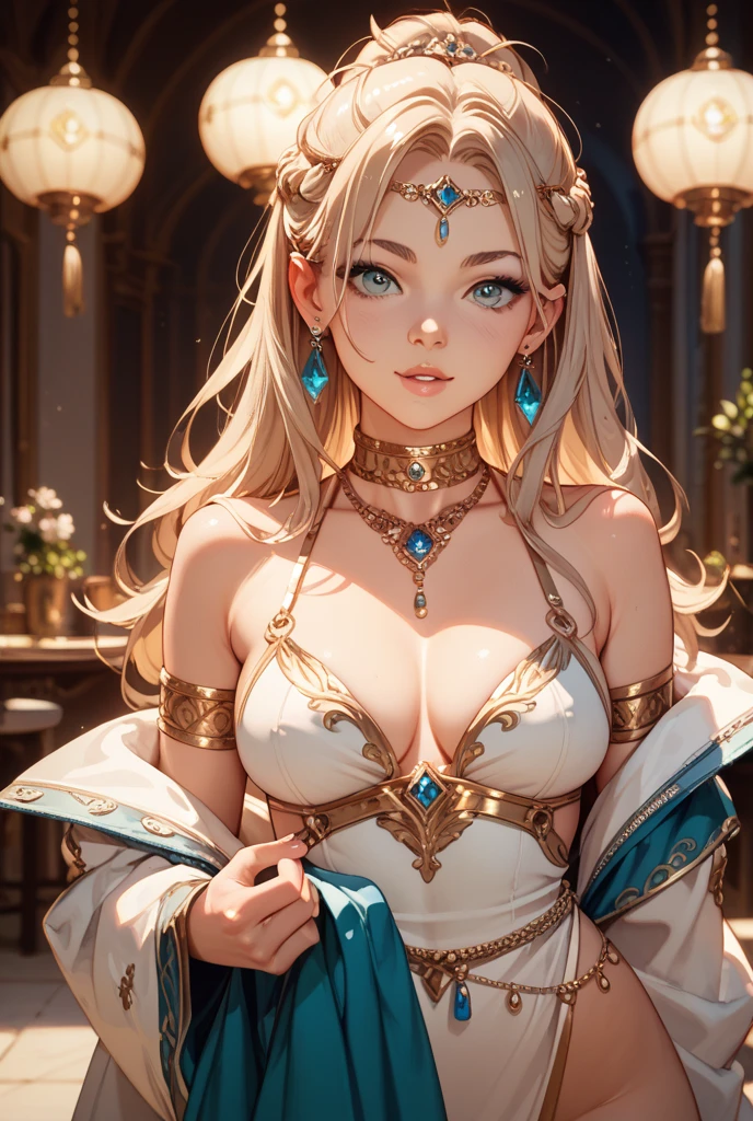 ​masterpiece, top-quality, the Extremely Detailed CG Unity 8K Wallpapers, Ultra-realistic 8kCG, erfect artwork, The perfect female figure, Dramatic shadows, "Her figure is tall and elegant, and she radiates a bright and radiant aura of power and grace. Her skin is as pale as snow, her hair is a vibrant blonde and her eyes are a piercing blue that holds your gaze like a tractor beam. She is dressed in a flowing white gown, with golden embroidery and details, and she holds a golden wand bearing a single white rose. Everything about her is majestic and otherworldly, like a vision of perfection made flesh"