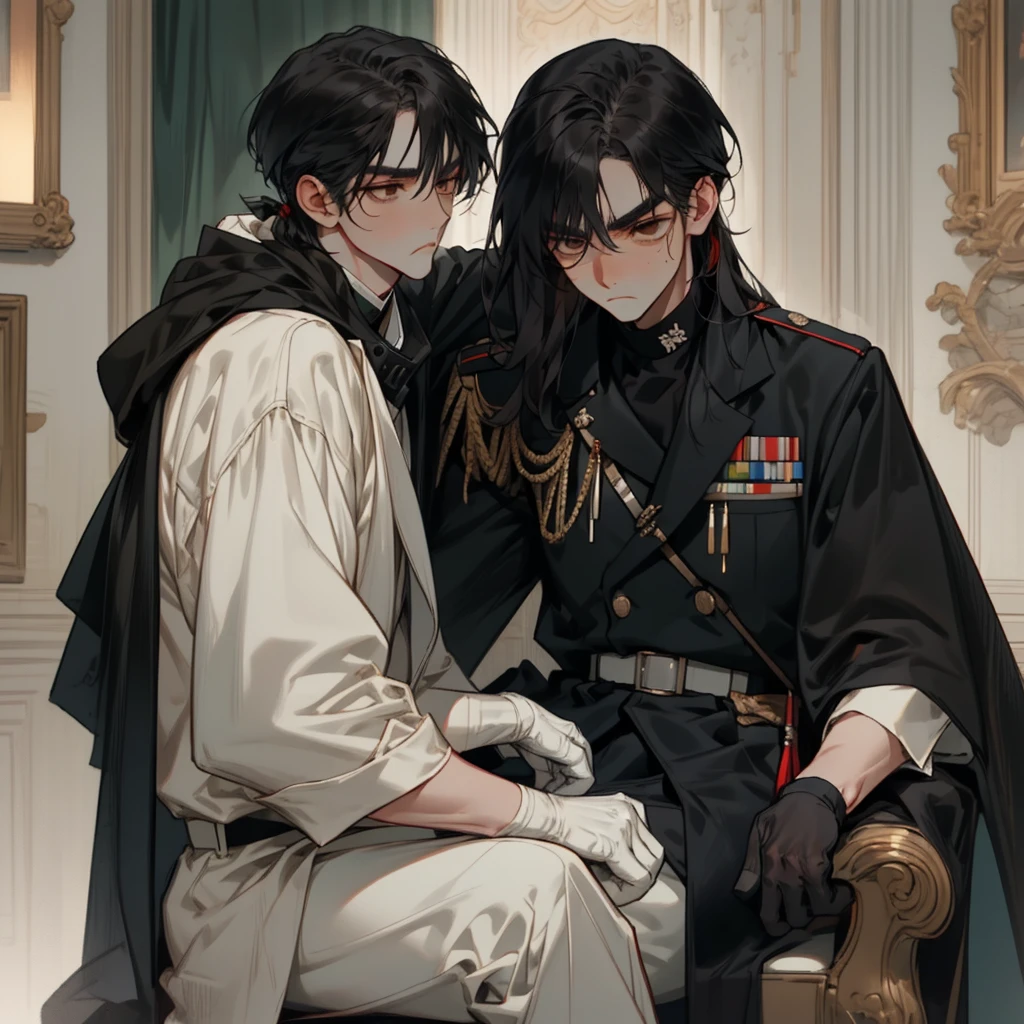 (highest resolution, distinct_image) A man of the best quality, masterpiece, highly detailed, semi realistic, black short haired man, bang, medium haired, 18 years old, young, tall and strong, black clothing, black uniform, military uniform, military academy, unruly, unrestrained, handsome, authoritative, powerful aura, exquisite facial features, facial details, indoor