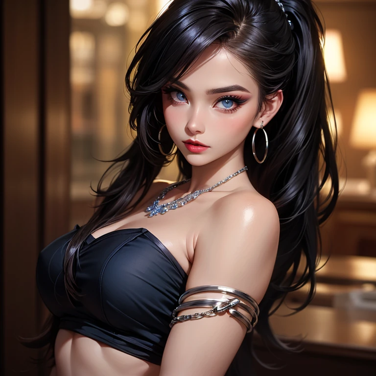 Beautiful girl with black curly hair with shine, hair bubbles, shudder, long eyelashes, solid circle eyes, blood red lips, fake animal ears, light smile, large breasts, neckline, back, round ass, earrings and necklace, bracelets, ear blush, fangs, Surrealism, projected shadow, anaglyph, stereogram, tachi-e, pov, atmospheric perspective, 8k, super detail, accurate, best quality,  blurry background