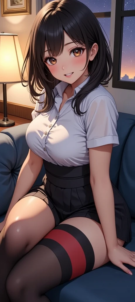 woman working in office、22 years old、ponytail、cute face、red cheeks、big eyes、open mouth、brown hair、sitting in a chair、open legs、white tight-fitting blouse、orange mini skirt、white panties、bare legs、black high heels、stare、sexy、lust、
